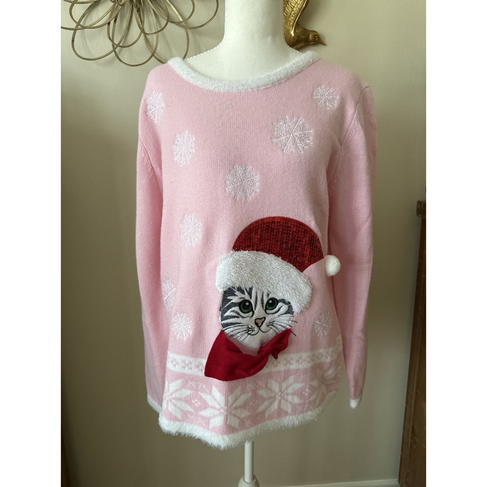 Ugly Christmas Sweater Women L 12-14 Pink Cat 3D Santa Hat Sequin Snowflake